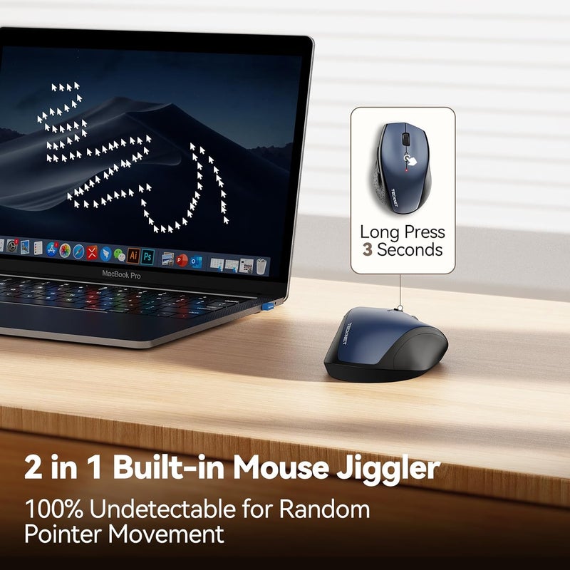TECKNET Wireless Mouse Jiggler, Silent Click Rechargeable Mouse, Plug & Play with USB-C Adapter, 6400 DPI Ergonomic Mouse, Build-in Mouse Mover, 2.4G Computer Mice for Mac, Laptop, Desktop, PC - Image 2